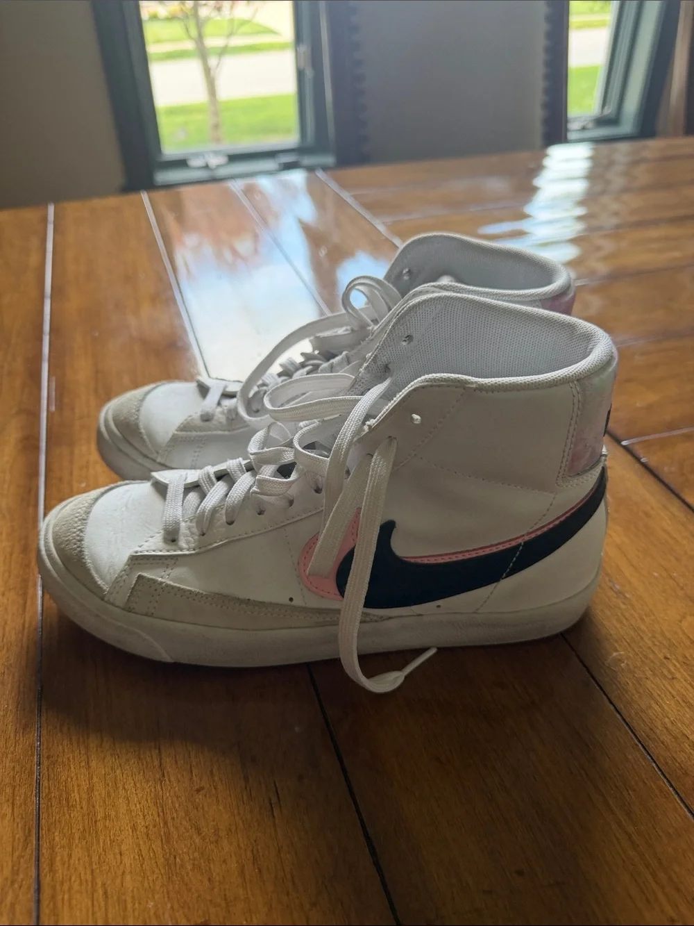Nike Kids High-Top Sneakers in White with Pink and Black Swoosh